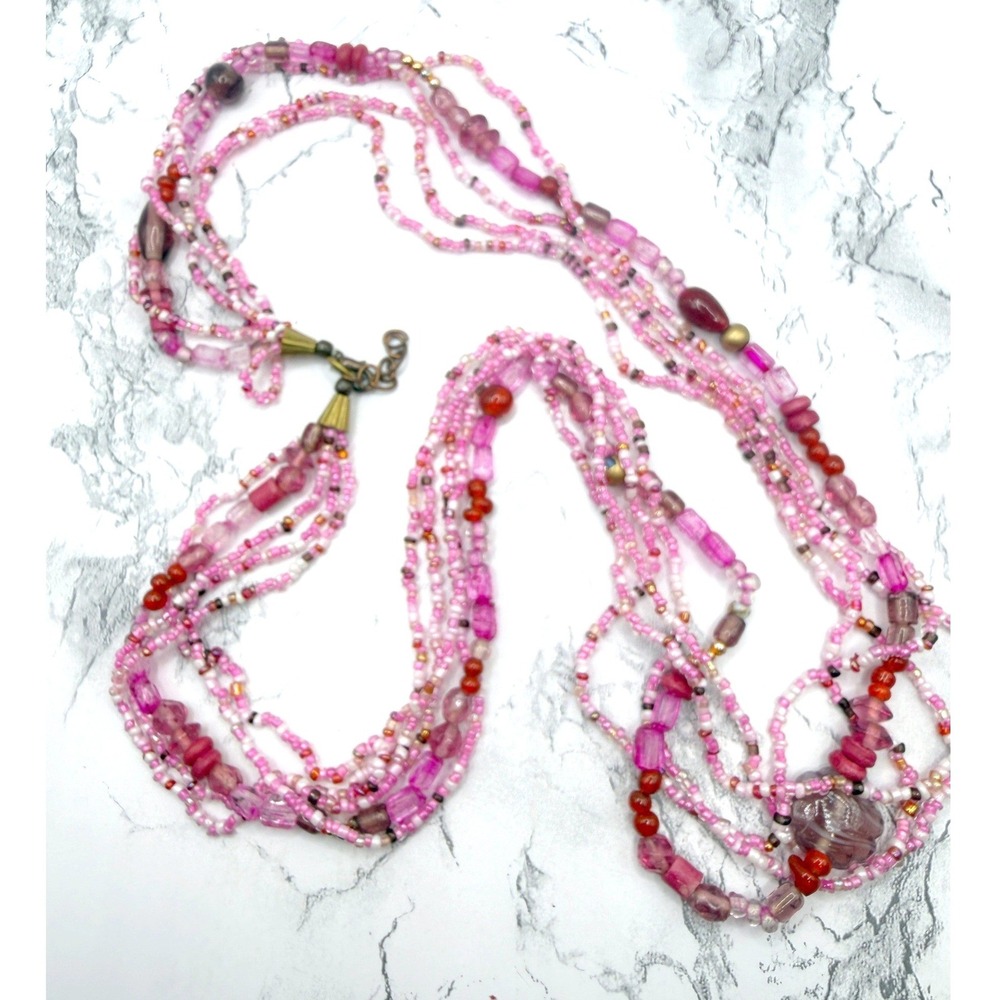 Pink 5 Strand Beaded Necklace Glass Beads Gold Bubblegum Barbiecore 30" - Picture 1 of 8